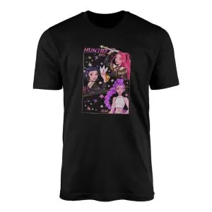 Black flat lay Mira Zoey Rumi Tee featuring a three-panel HUNTRX anime girl group poster in pink and purple tones