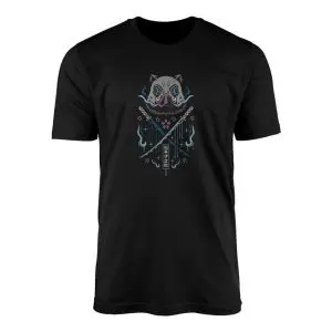 Black flat lay Inosuke Hashibira T-Shirt featuring the boar mask above crossed jagged Nichirin swords and blue floral accents