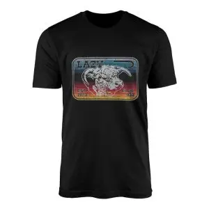 Black crew neck t-shirt featuring a distressed western bull skull badge over retro stripes with Lazy Est. 2013 text