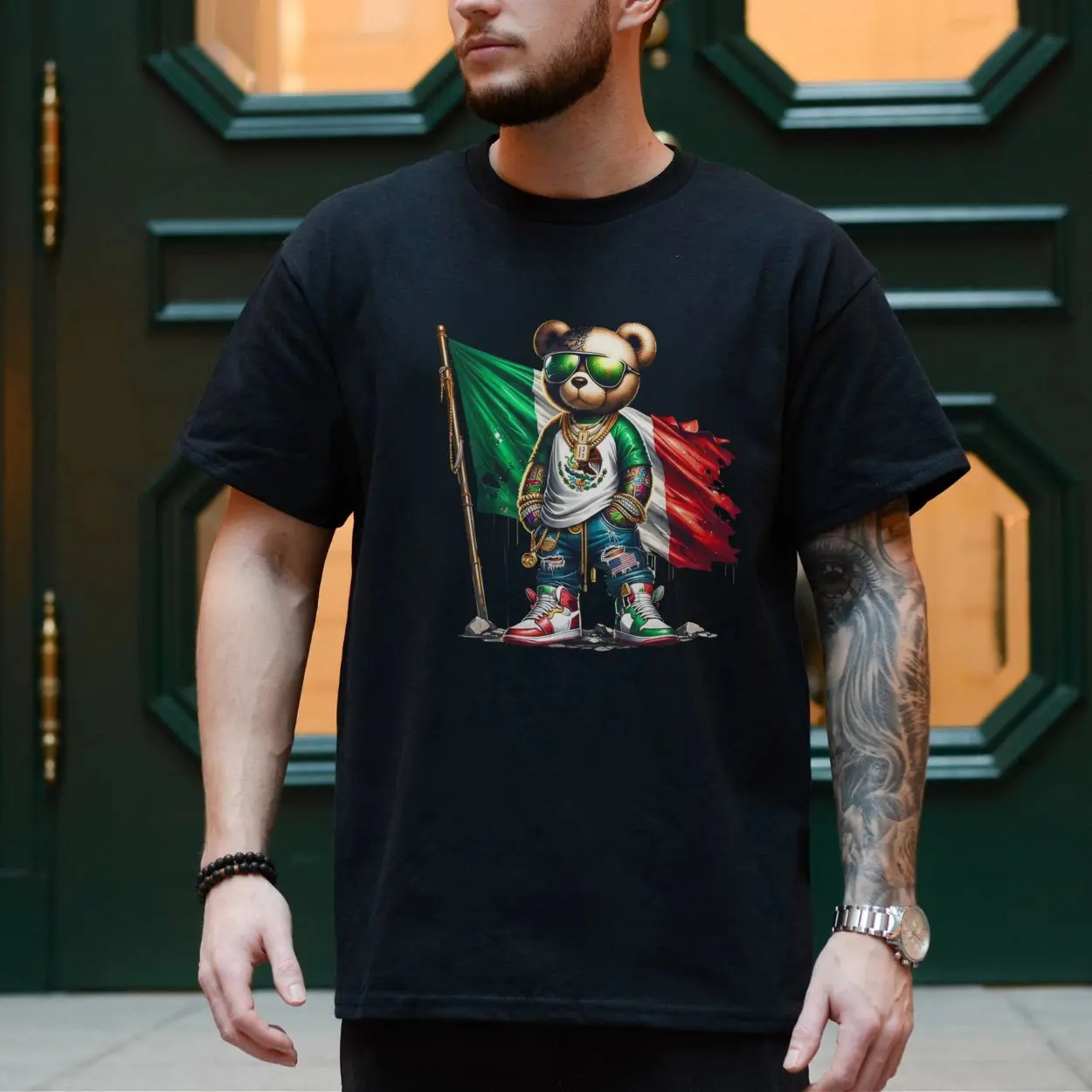 Mexican Flag Bear Streetwear Hip Hop Graphic T Shirt 4 1.jpg