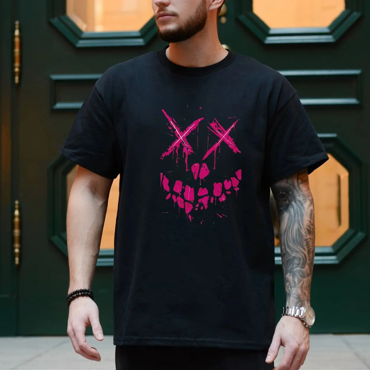 Neon Pink Smiley Face Distressed Halloween T Shirt 4 1 1.jpg