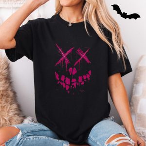 Neon Pink Smiley Face Distressed Halloween T Shirt 5 1 1.jpg