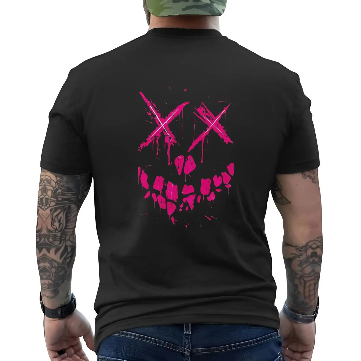 Neon Pink Smiley Face Distressed Halloween T Shirt 6 1 1.jpg