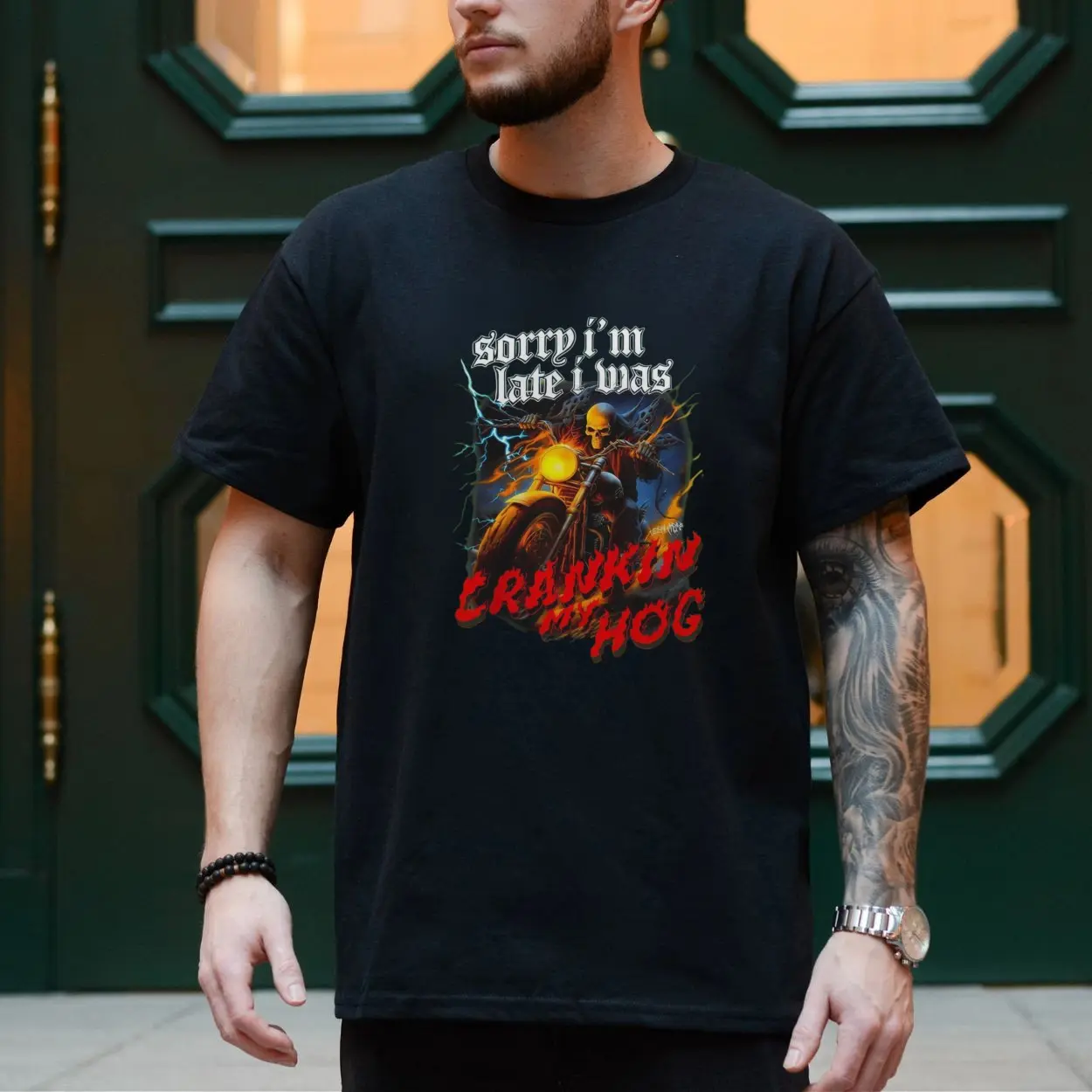 Sorry Im Late I Was Crankin My Hog Skeleton Motorcycle Rider T Shirt 4 1.jpg