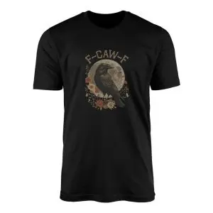 Black crew neck t-shirt featuring a dark crow perched in front of a vintage full moon with autumn flowers and arched text F-Caw-F