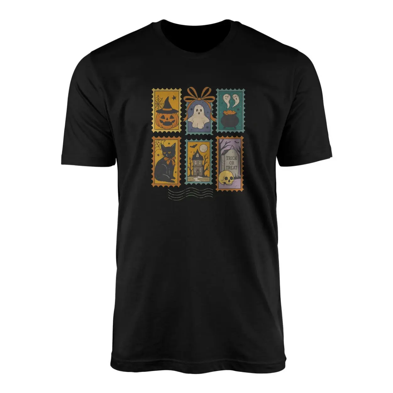 Vintage Halloween Stamps Pumpkin Ghost Cat T Shirt 1 1.jpg