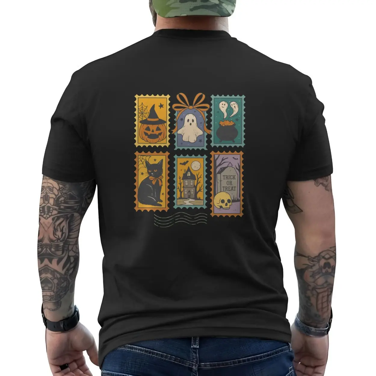 Vintage Halloween Stamps Pumpkin Ghost Cat T Shirt 6 1.jpg