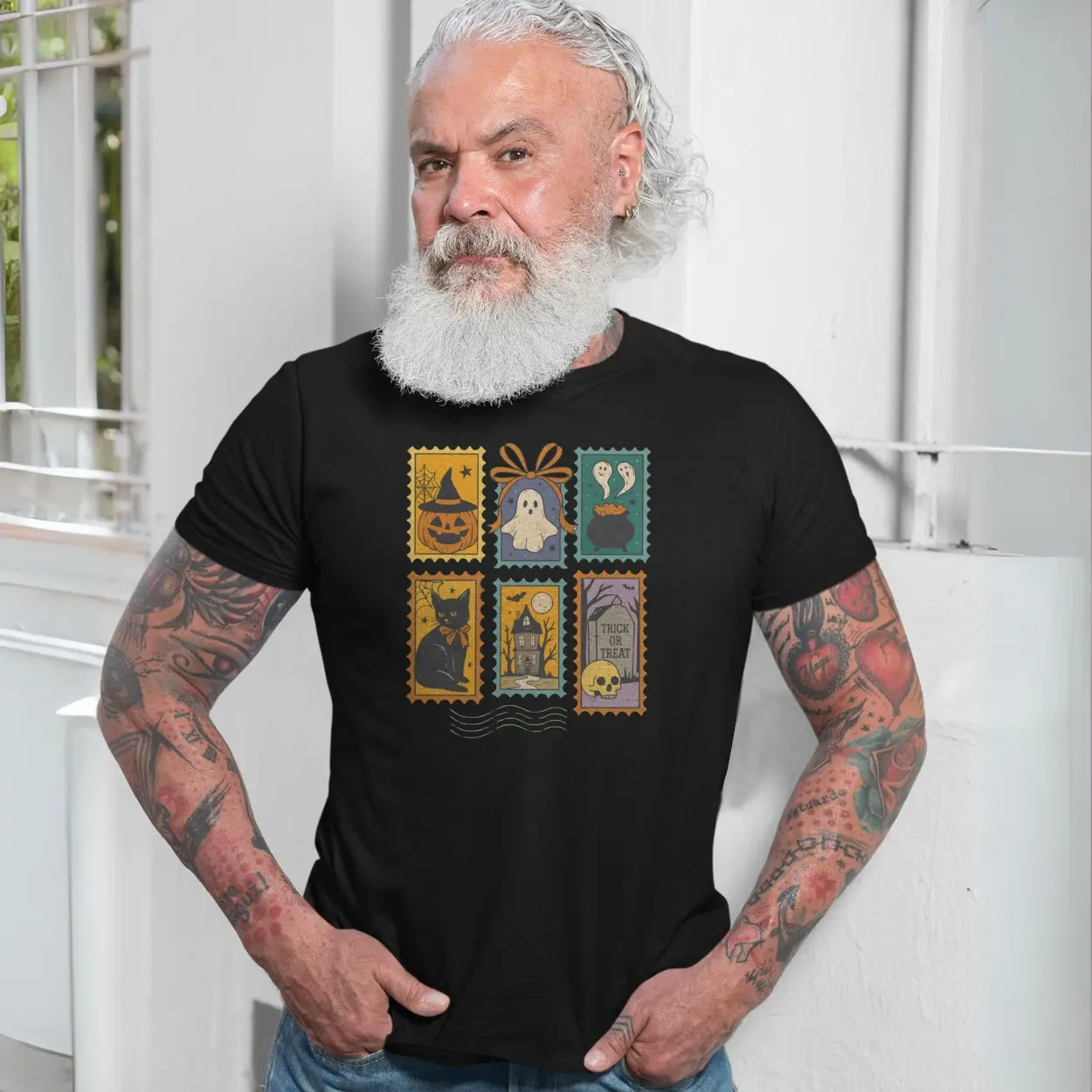 Vintage Halloween Stamps Pumpkin Ghost Cat T Shirt 7 1.jpg