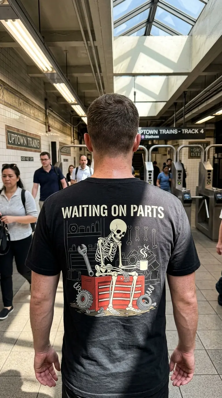 funny mechanic skeleton waiting on parts t shirt for car guys 1.jpg