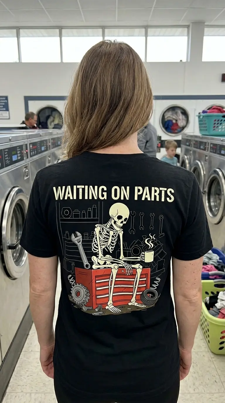 funny mechanic skeleton waiting on parts t shirt for car guys 2.jpg