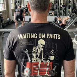 Funny Mechanic Skeleton Waiting On Parts T-Shirt For Car Guys 9 funny mechanic skeleton waiting on parts t shirt for car guys 3.jpg