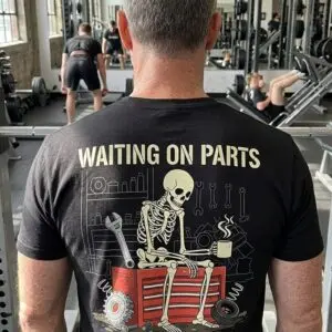 Funny Mechanic Skeleton Waiting On Parts T-Shirt For Car Guys 9 funny mechanic skeleton waiting on parts t shirt for car guys 3.jpg