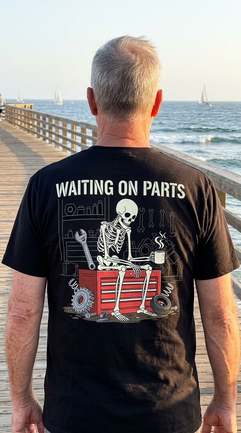 Funny Mechanic Skeleton Waiting On Parts T-Shirt For Car Guys 6 funny mechanic skeleton waiting on parts t shirt for car guys 5.jpg