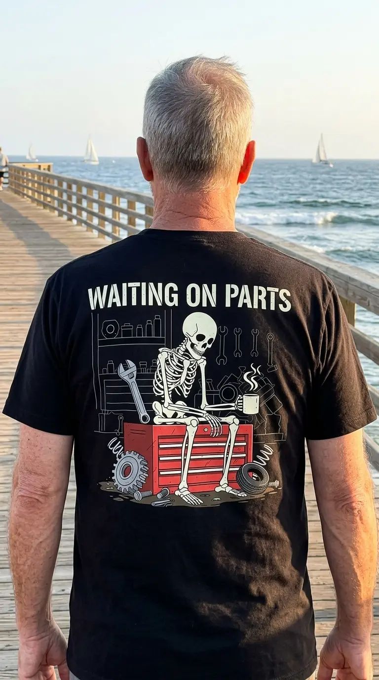 funny mechanic skeleton waiting on parts t shirt for car guys 5.jpg