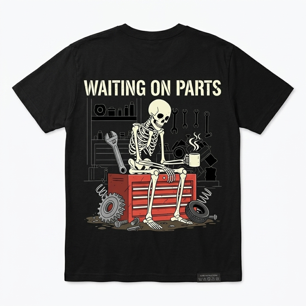 Funny Mechanic Skeleton Waiting On Parts T-Shirt For Car Guys 1 funny mechanic skeleton waiting on parts t shirt for car guys.jpg