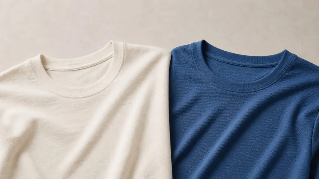 Cotton vs Performance Shirts: Which Fits Your Day? 2 Plain off-white and blue shirts shown side by side for a fabric comparison