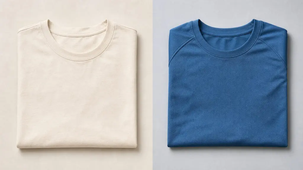 Cotton vs Performance Shirts: Which Fits Your Day? 1 Two folded plain crew-neck shirts, one off-white and one blue, on a neutral split-view studio background