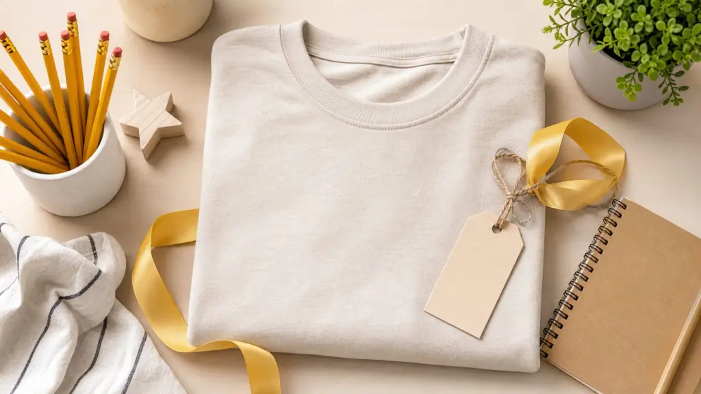 Plain off-white crew-neck shirt with pencils, blank gift tag, notebook, and ribbon on a light desk