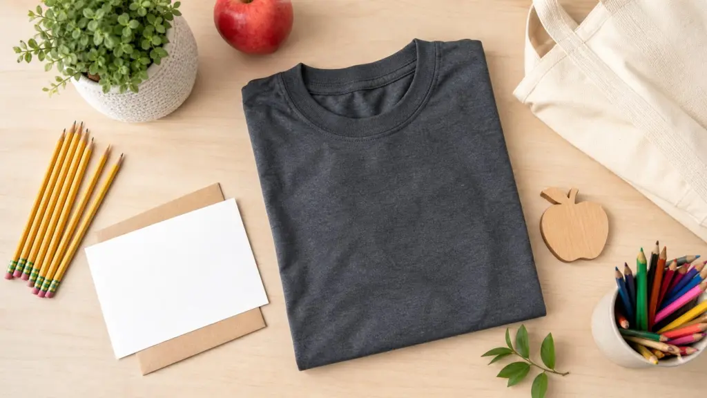 Funny Teacher Gift Ideas: A Practical Guide 2 Plain charcoal crew-neck shirt with pencils, blank card, apple, and classroom-inspired desk items