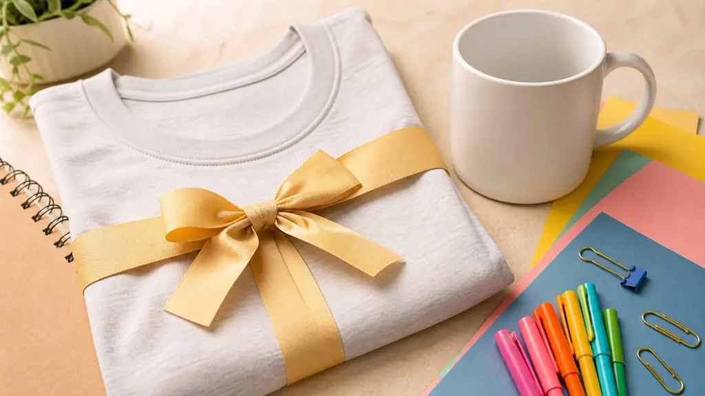 Funny Teacher Gift Ideas: A Practical Guide 3 Plain off-white crew-neck shirt wrapped with ribbon beside a blank mug and colorful stationery