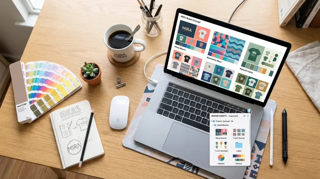 Modern workspace flat-lay with laptop showing graphic design mood boards and browser extension for batch image downloading