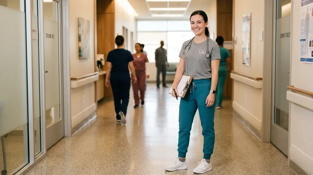 The Ultimate Guide to Nurse Shirts: Comfort, Style, and Gift Ideas 2 Female nurse wearing a premium soft graphic t-shirt with stethoscope heartbeat design paired with teal scrub pants