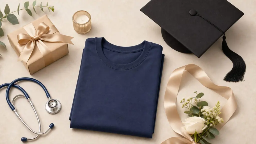 Plain navy crew-neck shirt arranged with a graduation cap, ribbon, gift box, flowers, and a stethoscope on a neutral background