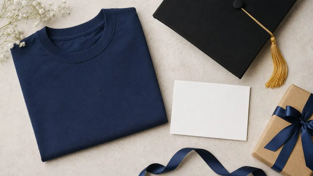 Nurse Graduation Gifts: A Practical Guide 2 Plain navy crew-neck shirt with a blank card, graduation cap, ribbon, and wrapped gift on a neutral surface