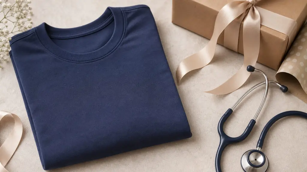 Nurse Graduation Gifts: A Practical Guide 3 Plain navy crew-neck shirt beside a wrapped gift, ribbon, and stethoscope on a neutral surface