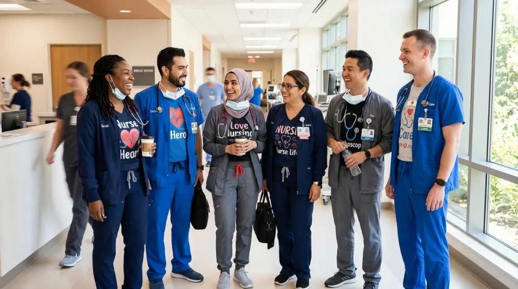 The Ultimate Guide to Nurse Shirts: Comfort, Style, and Gift Ideas 3 Group of diverse nurses smiling together wearing matching custom graphic nurse t-shirts during a shift break
