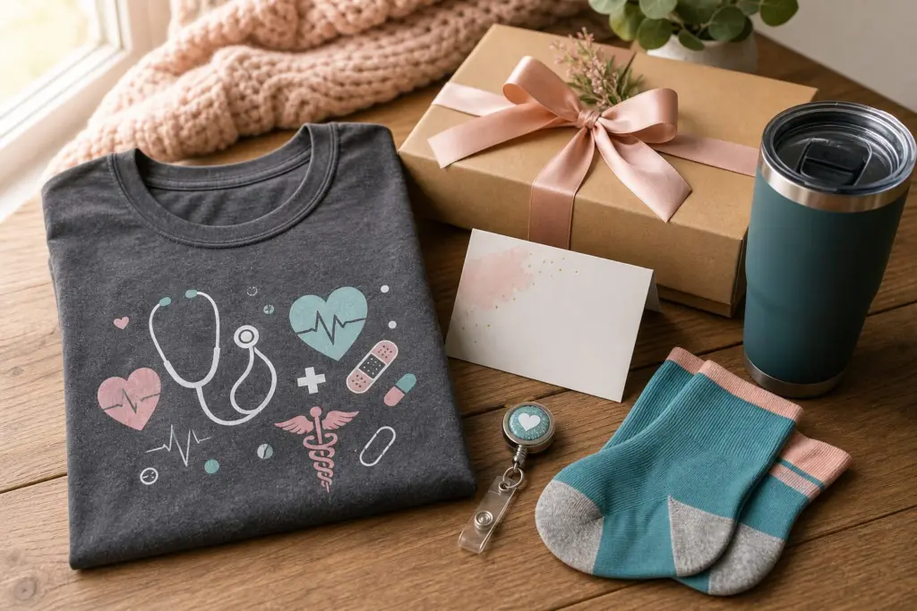 Nurse Shirt Guide: Comfortable, Funny, and Thoughtful Tees Nurses Actually Want 3 Gift-ready nurse shirt with gift box, badge reel, tumbler, socks, and blank thank-you card