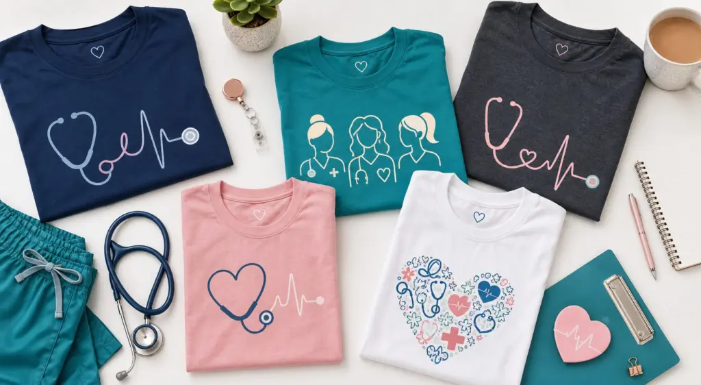 Nurse Shirt Guide: Comfortable, Funny, and Thoughtful Tees Nurses Actually Want 1 Folded nurse shirts with stethoscope, scrubs, notebook, and coffee on a clean tabletop