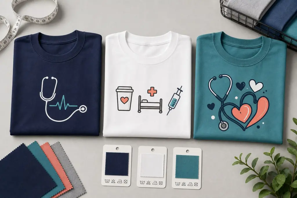 Nurse Shirt Guide: Comfortable, Funny, and Thoughtful Tees Nurses Actually Want 2 Three folded nurse-themed t-shirts showing different medical graphic styles with fabric swatches