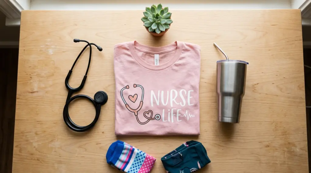 Flat lay of a folded pink nurse graphic t-shirt with stethoscope surrounded by nursing accessories