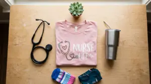 Flat lay of a folded pink nurse graphic t-shirt with stethoscope surrounded by nursing accessories