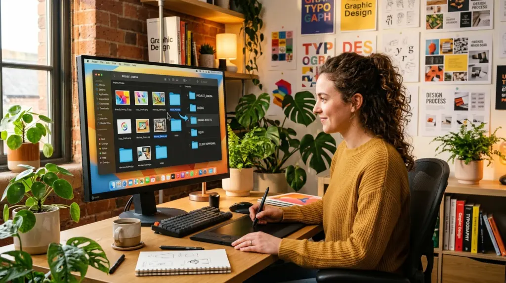 Best Image Downloader Extension Guide: Bulk Save Web Images Fast 3 Graphic designer organizing image files into categorized folders on a drawing tablet workstation