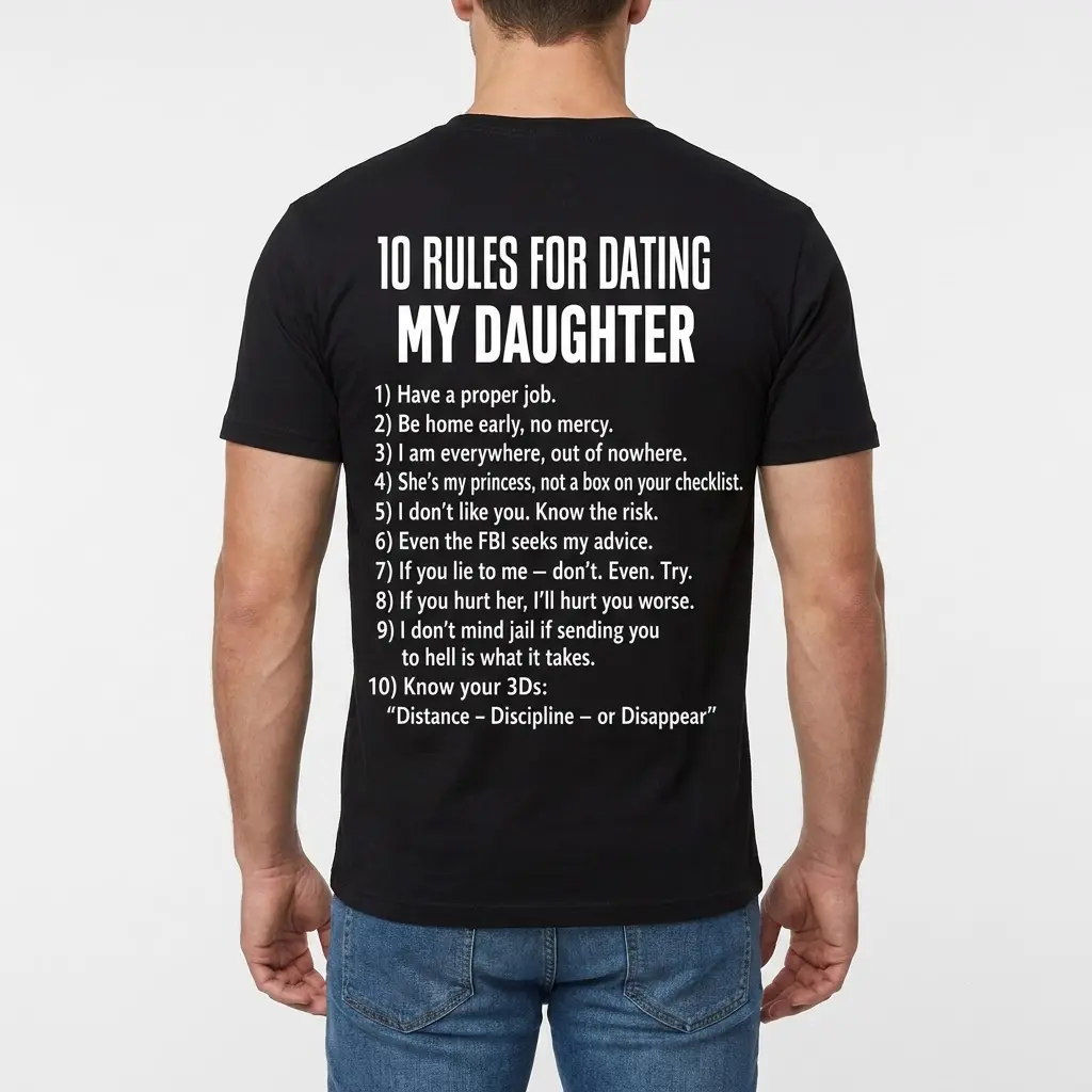 10 Rules for Dating My Daughter T-Shirt 4 Man wearing a t-shirt, '10 Rules for Dating My Daughter' text visible on the back.