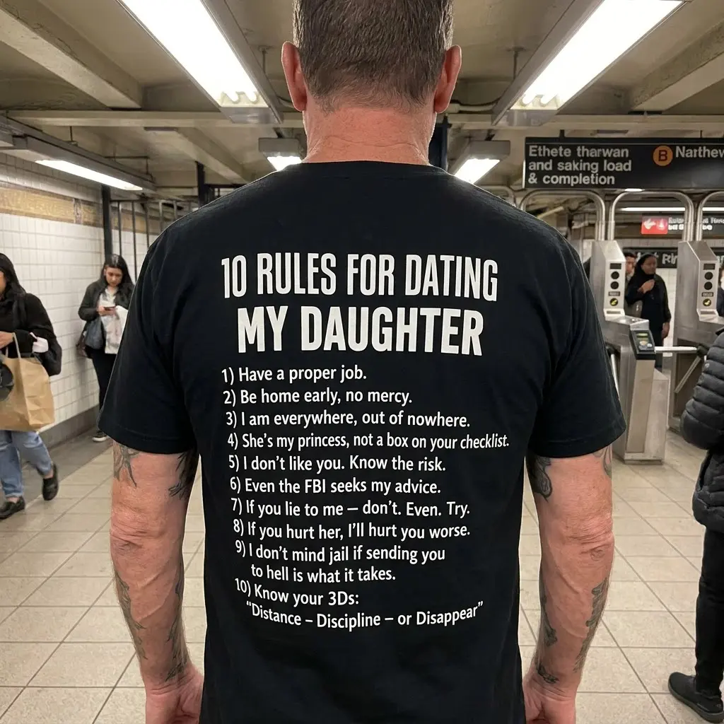 10 Rules for Dating My Daughter T-Shirt 5 Person in a casual setting wearing a t-shirt with '10 Rules for Dating My Daughter' on the back.