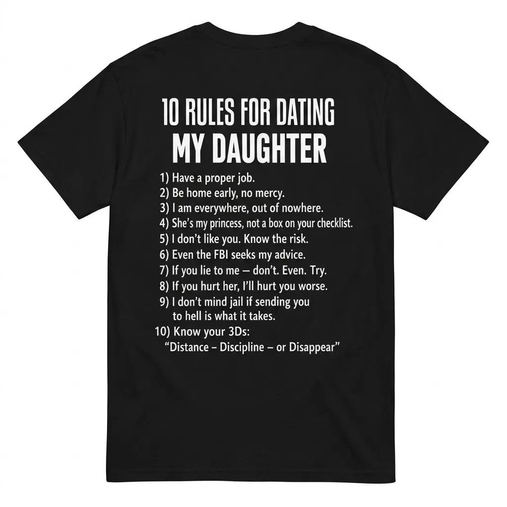 10 Rules for Dating My Daughter T-Shirt 1 Black t-shirt with humorous '10 Rules for Dating My Daughter' text on the back.
