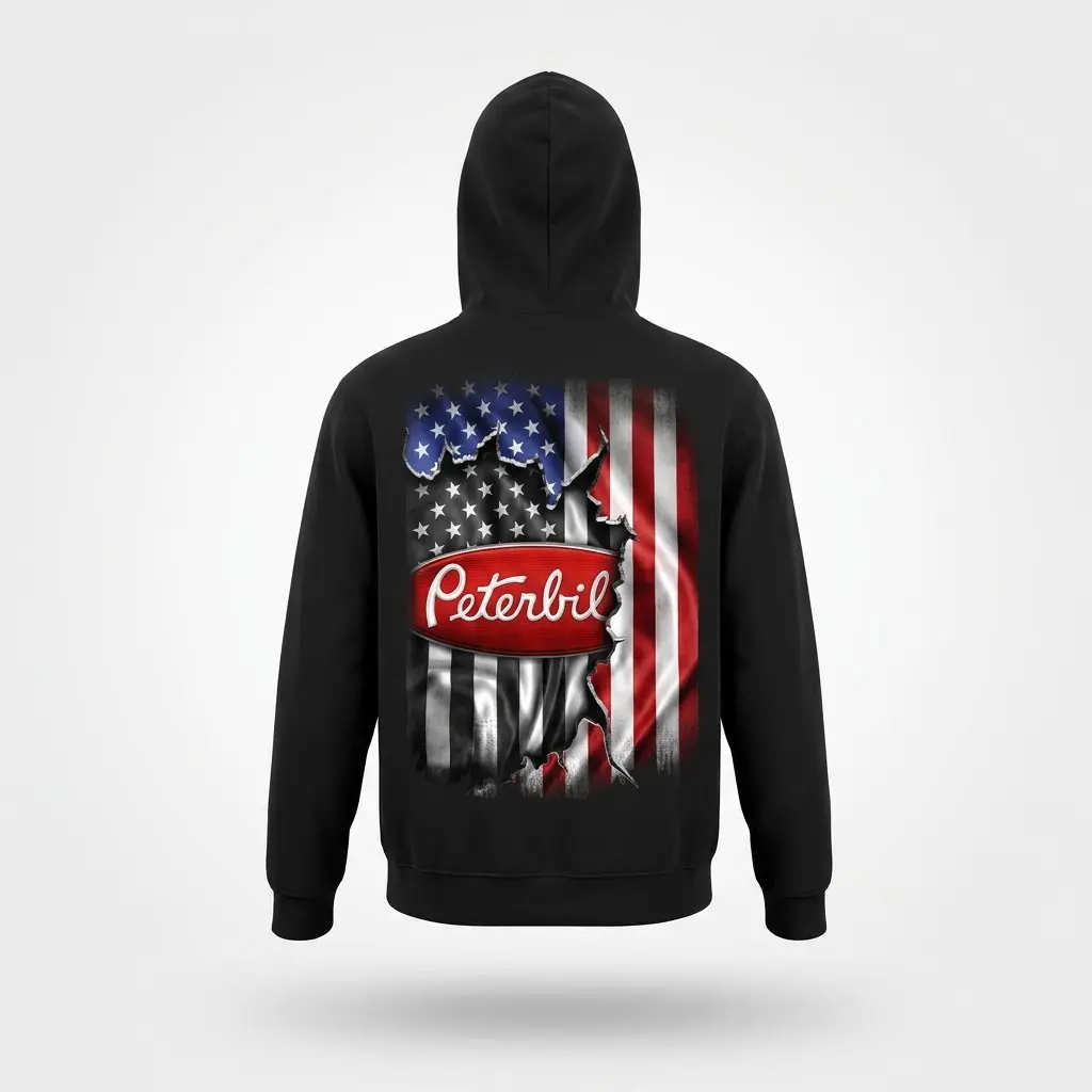 American Flag Trucker T-Shirt 2 Hoodie displaying back flat lay of a trucker-themed American flag design.