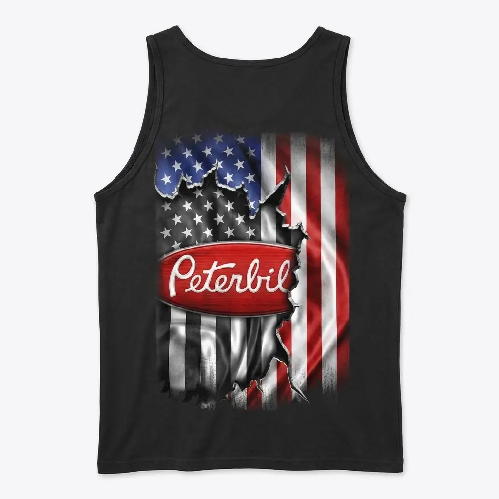 American Flag Trucker T-Shirt 3 Tank top showing a patriotic design with an American flag theme in flat lay.