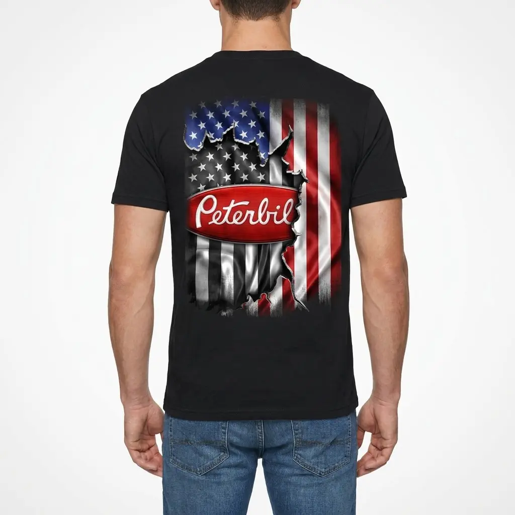 American Flag Trucker T-Shirt 4 Male model wearing the American Flag Trucker T-Shirt with back design visible.
