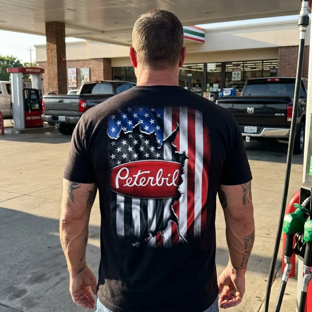 American Flag Trucker T-Shirt 5 Trucker T-Shirt with a rugged American flag design, styled in a lifestyle setting.