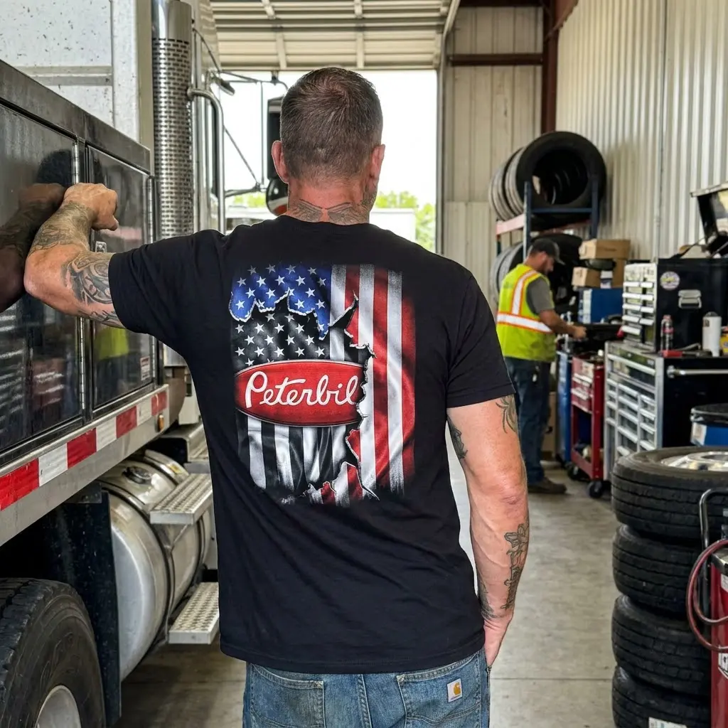 American Flag Trucker T-Shirt 6 Patriotic-themed Trucker T-Shirt shown in a casual lifestyle environment.