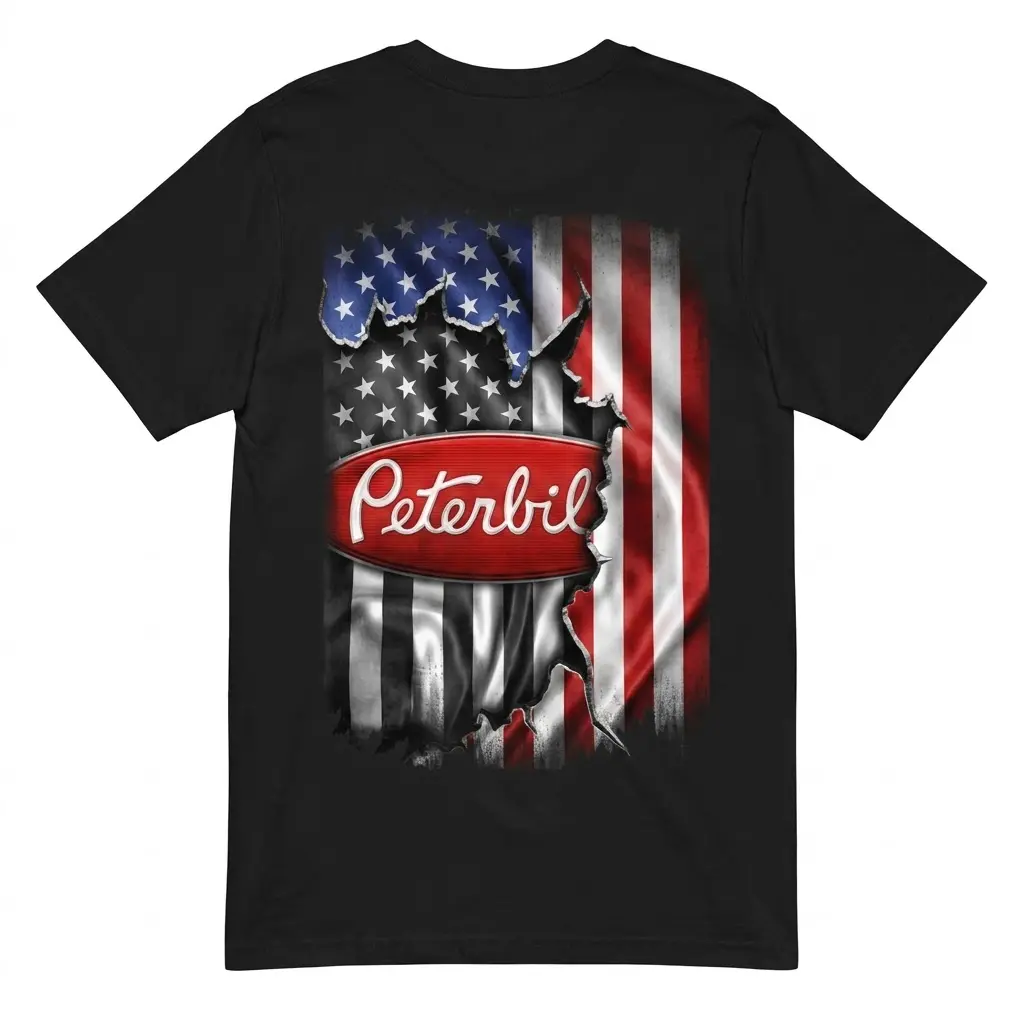 American Flag Trucker T-Shirt 1 Back flat lay view of the American Flag Trucker T-Shirt with a bold patriotic design.