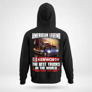 American Legend Kenworth Truck Fan T-Shirt 7 Black hoodie back displaying a detailed Kenworth semi-truck illustration at sunset, with "AMERICAN LEGEND" and "KENWORTH" branding.