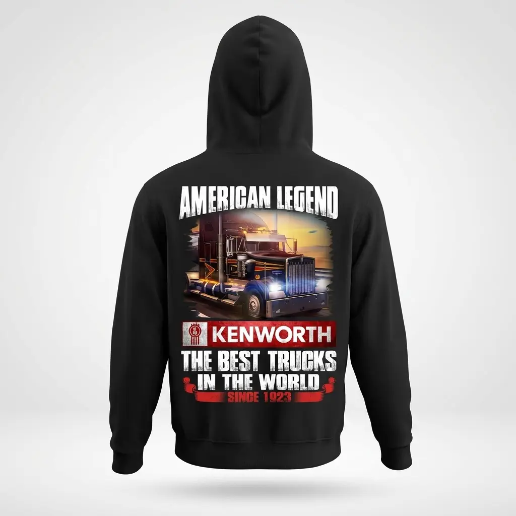 American Legend Kenworth Truck Fan T-Shirt 2 Black hoodie back displaying a detailed Kenworth semi-truck illustration at sunset, with "AMERICAN LEGEND" and "KENWORTH" branding.