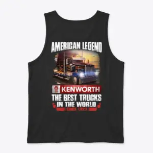 American Legend Kenworth Truck Fan T-Shirt 8 Black tank top back featuring the "AMERICAN LEGEND" Kenworth truck design, celebrating classic big-rig power since 1923.