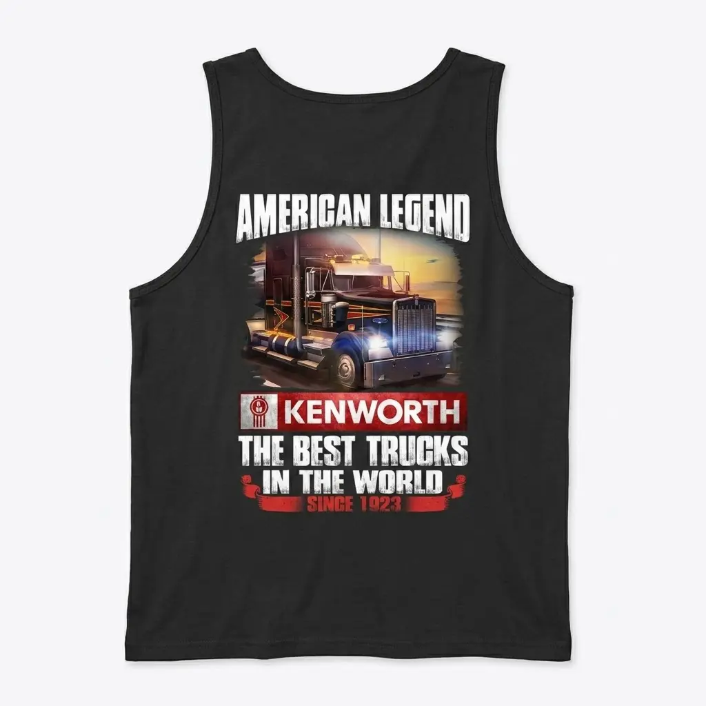 American Legend Kenworth Truck Fan T-Shirt 3 Black tank top back featuring the "AMERICAN LEGEND" Kenworth truck design, celebrating classic big-rig power since 1923.