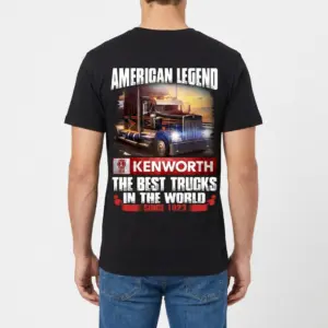 American Legend Kenworth Truck Fan T-Shirt 9 Back view of a man wearing a black garment, showcasing the Kenworth truck graphic with "AMERICAN LEGEND" text.